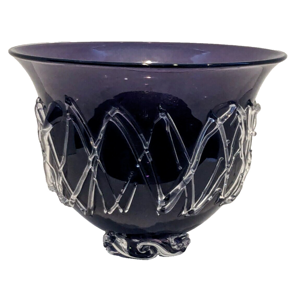 David Lindsay Studio Blown Art Glass Purple Applied Wave Base Bowl Dated Signed